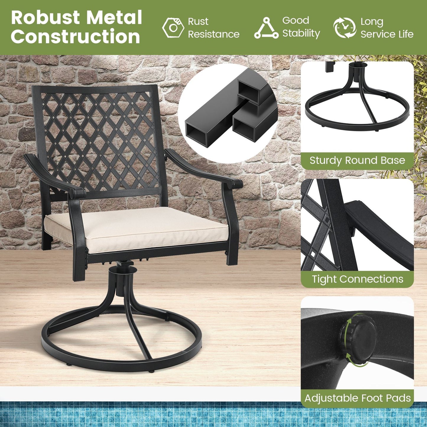 2 Pieces Outdoor Swivel Chair Patio Bistro Dining Chair Set with Soft Seat Cushion
