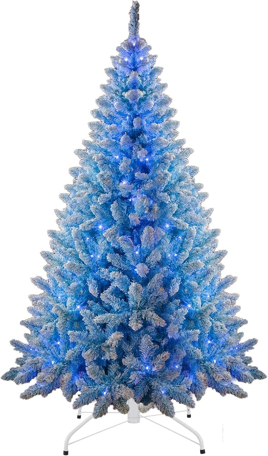 4Ft-8Ft Christmas Tree Prelit Flocked Blue LED Lights Multifunction, Snow Dusted Artificial Pine Foldable Metal Stand Tips Hinged Branches