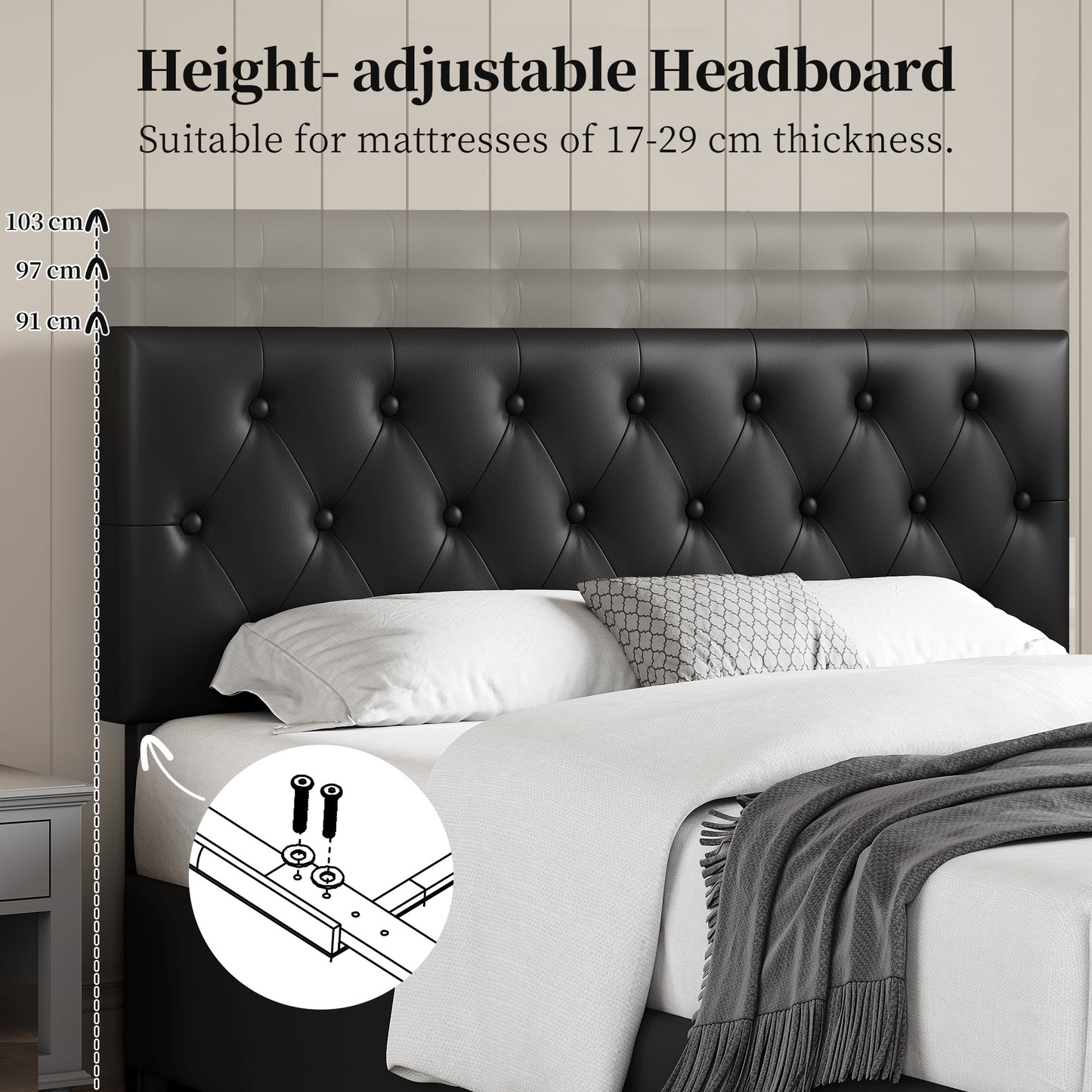 Upholstered Bed Frame with Large Pull-Out Drawers Storage & Height-Adjustable Headboard, Faux Leather