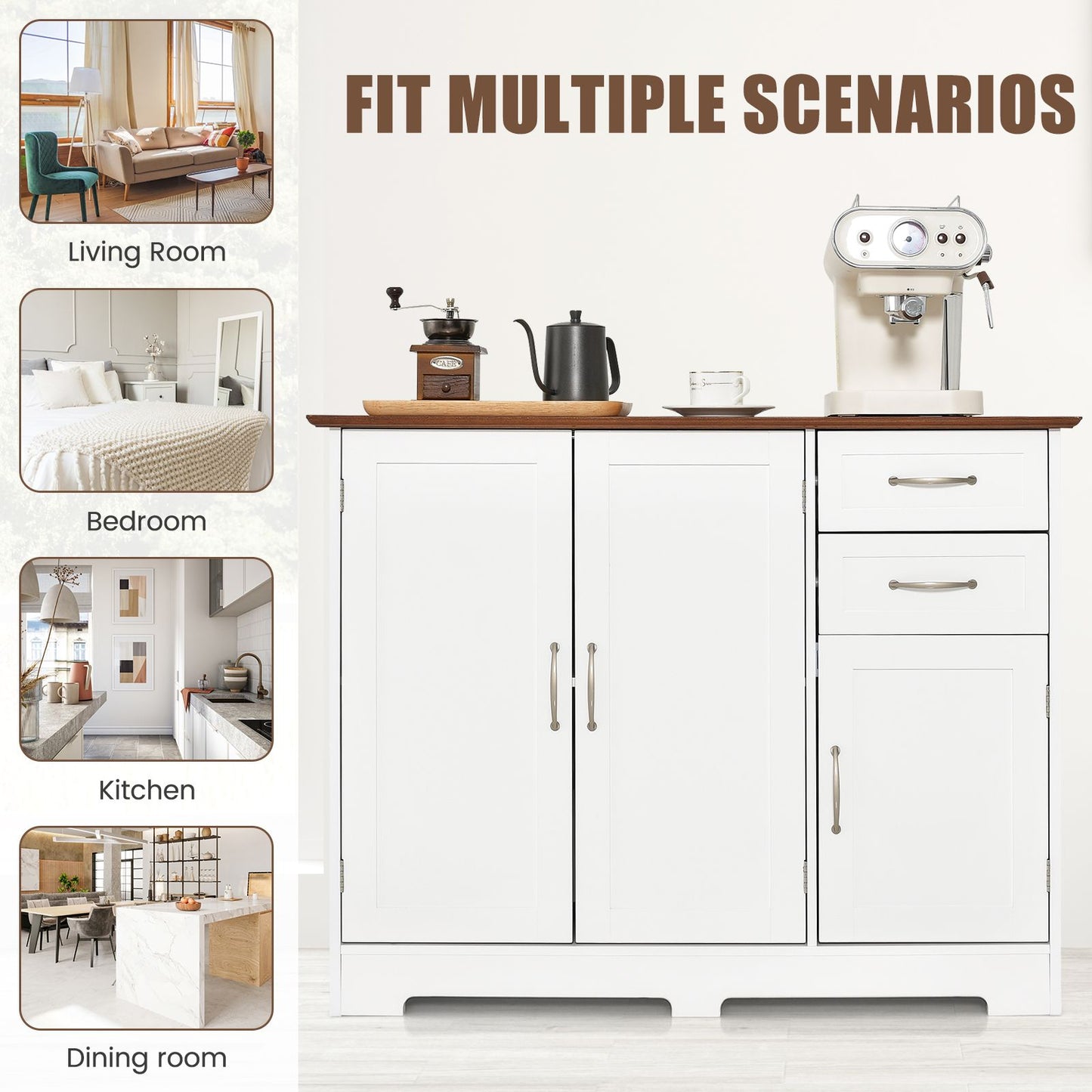 Modern Kitchen Storage Sideboard Cabinet with Adjustable Shelf and Drawers
