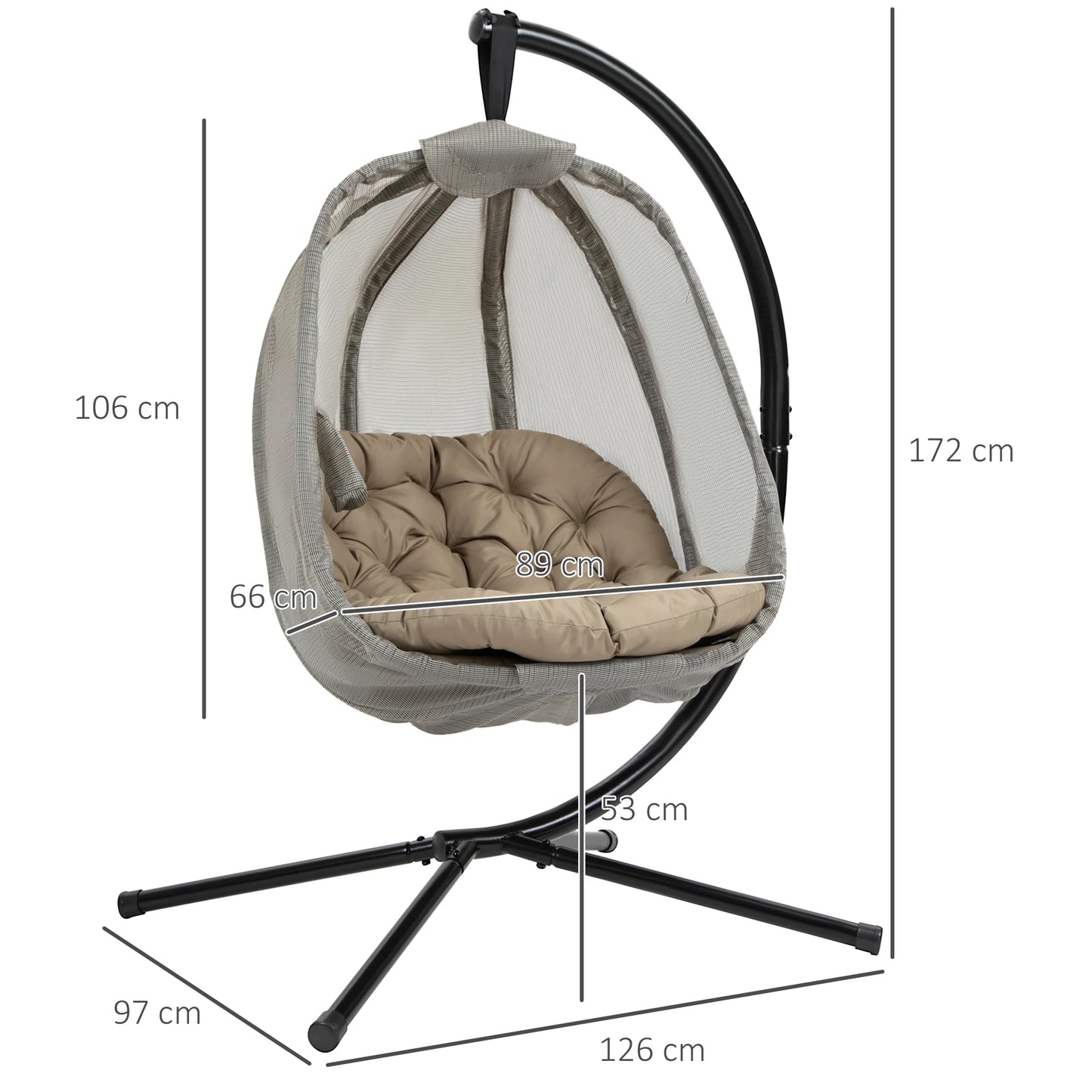 Folding Hanging Egg Chair W/ Cushion and Stand for Indoor Outdoor Khaki