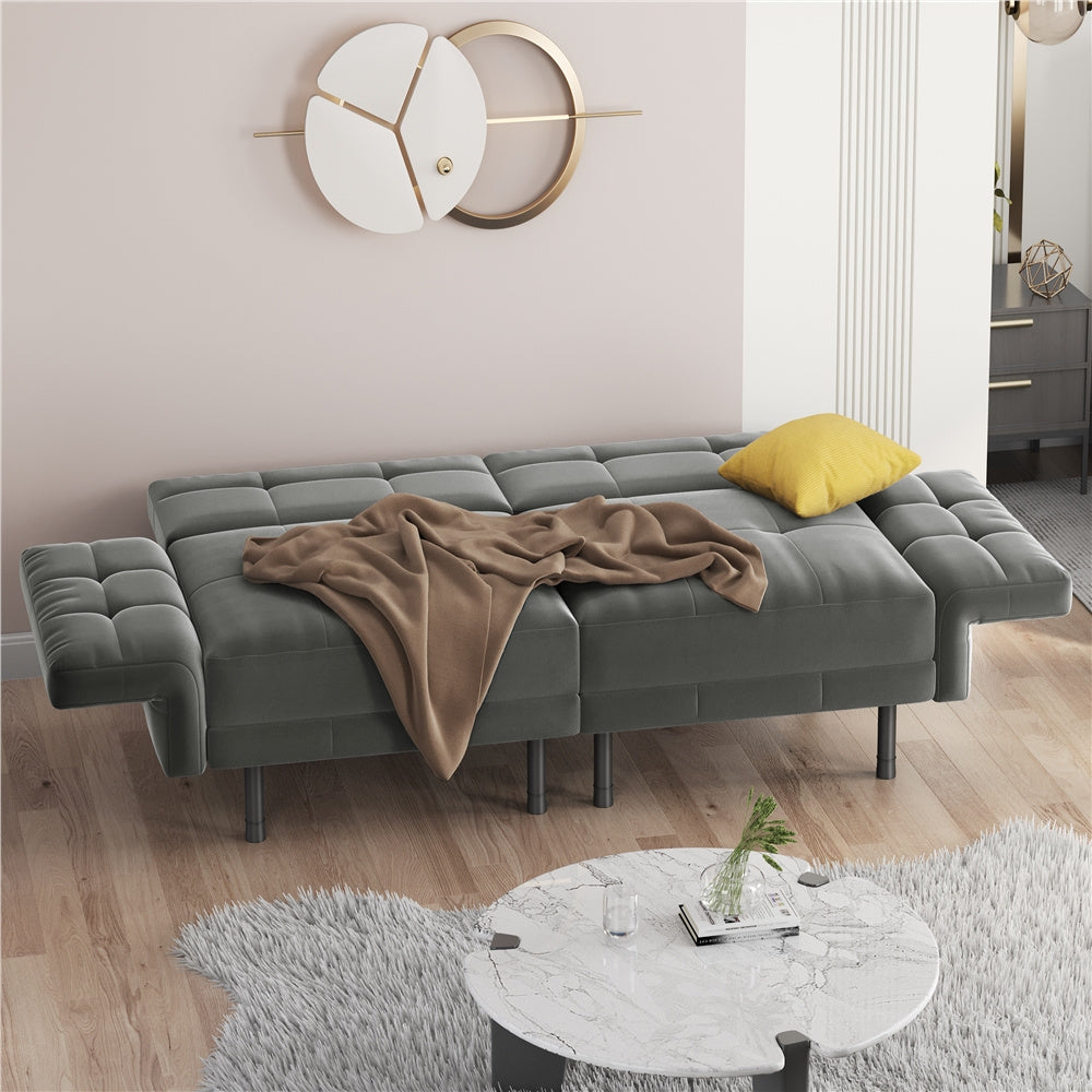 Velvet Sofa 2-Seater Convertible Sofa Bed, Fabric Upholstered Futon Couch Sleeper with 4 Pillows, Angle-Adjustable Armrests & Backrest