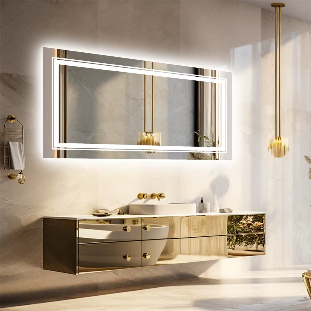 Large Illuminated Full-Length Dressing Mirror with Double Sink Design and Three Color Lighting Options