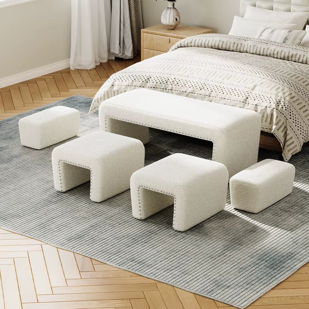 White Upholstered Teddy Fleece Ottoman Bench Set for Bedroom Living Room and Makeup Room
