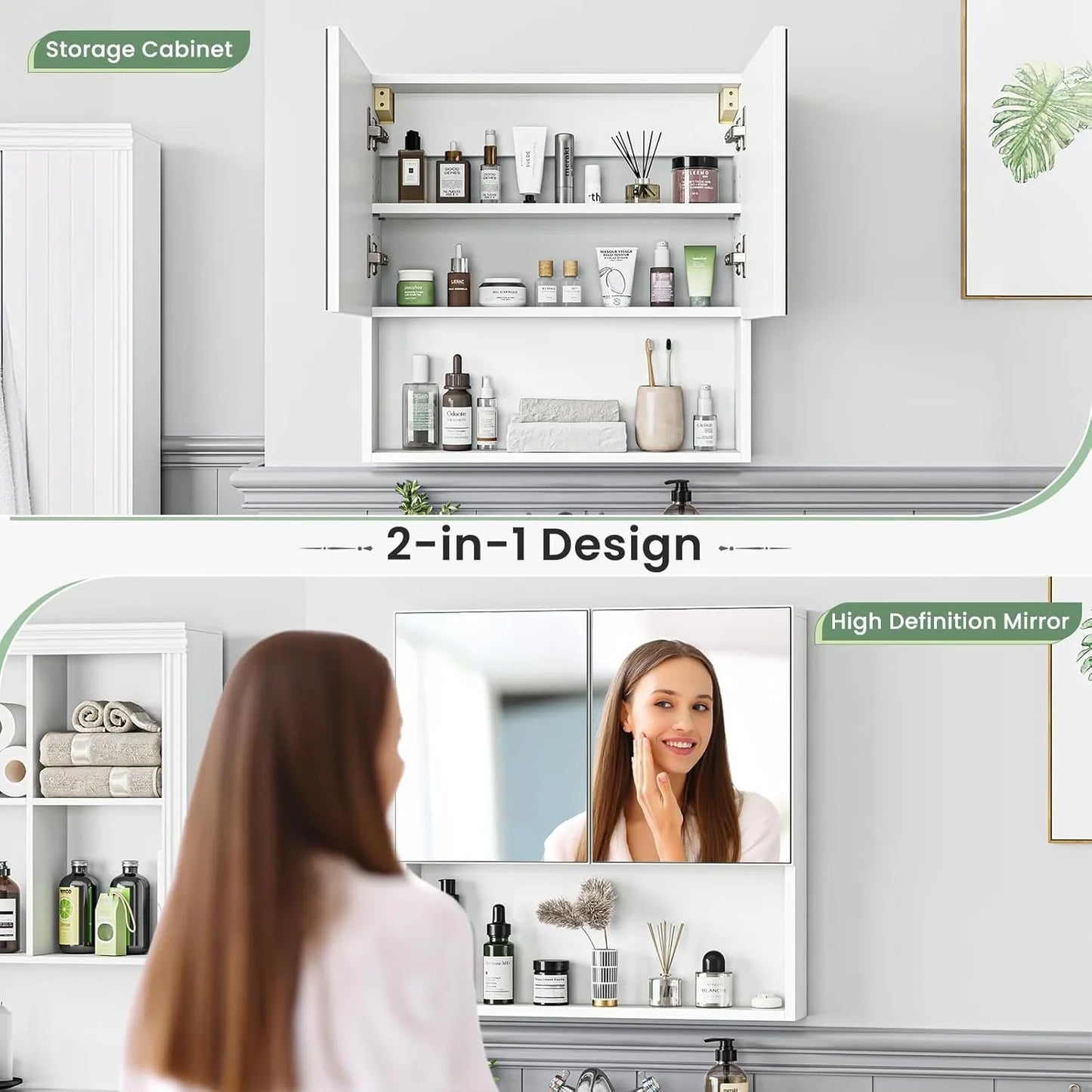 Sleek White Double Door Wall-Mounted Mirror Cabinet with Open Shelf & Adjustable Storage