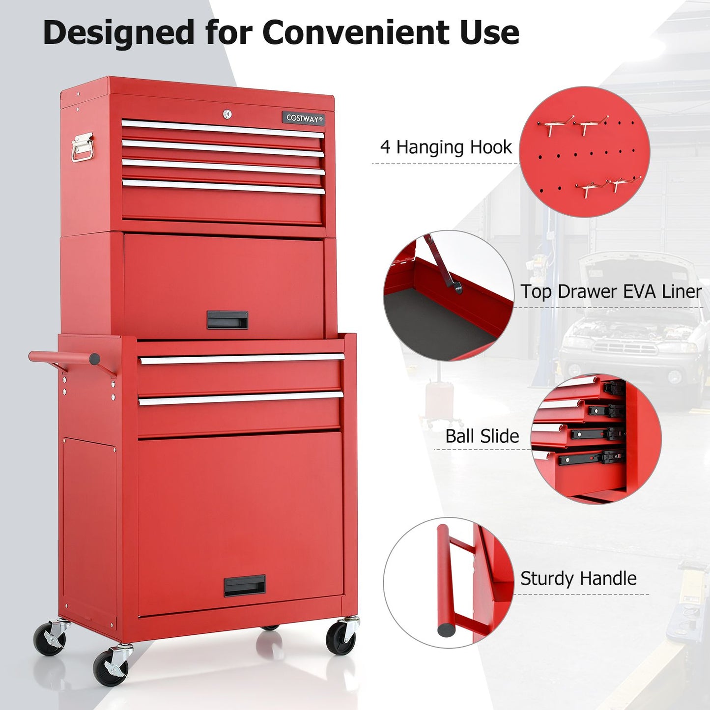 Lockable Tool Storage Cabinet with Handle, Drawers, Wheels and EVA Liner