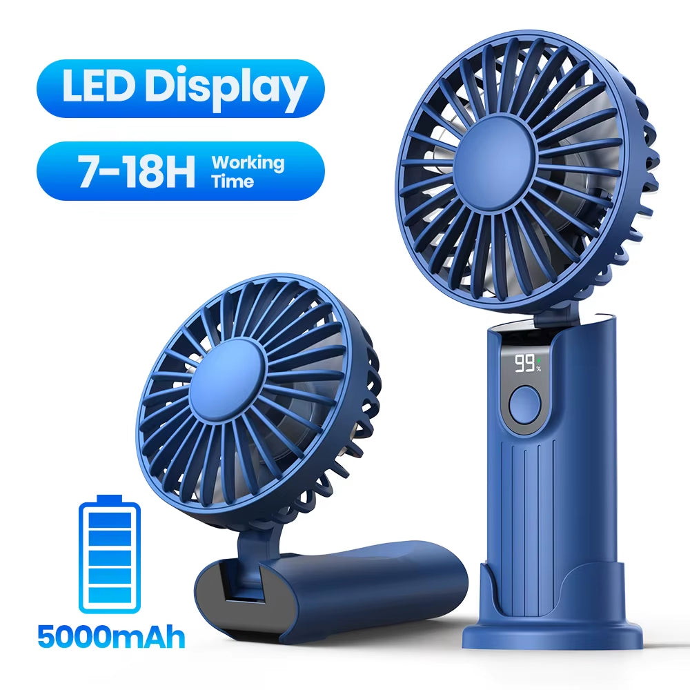 Portable Handheld Fan 5000Mah USB Rechargeable Foldable Fan 3 in 1 Personal Travel Fan with Digital Display Desk Fan