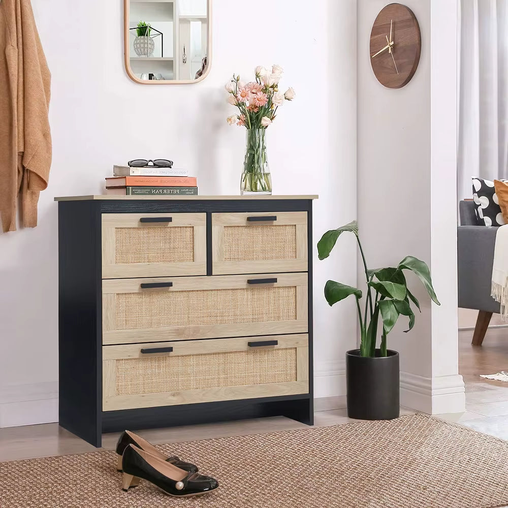 Beige Wooden Storage Cabinet with Rattan Drawer Console Table