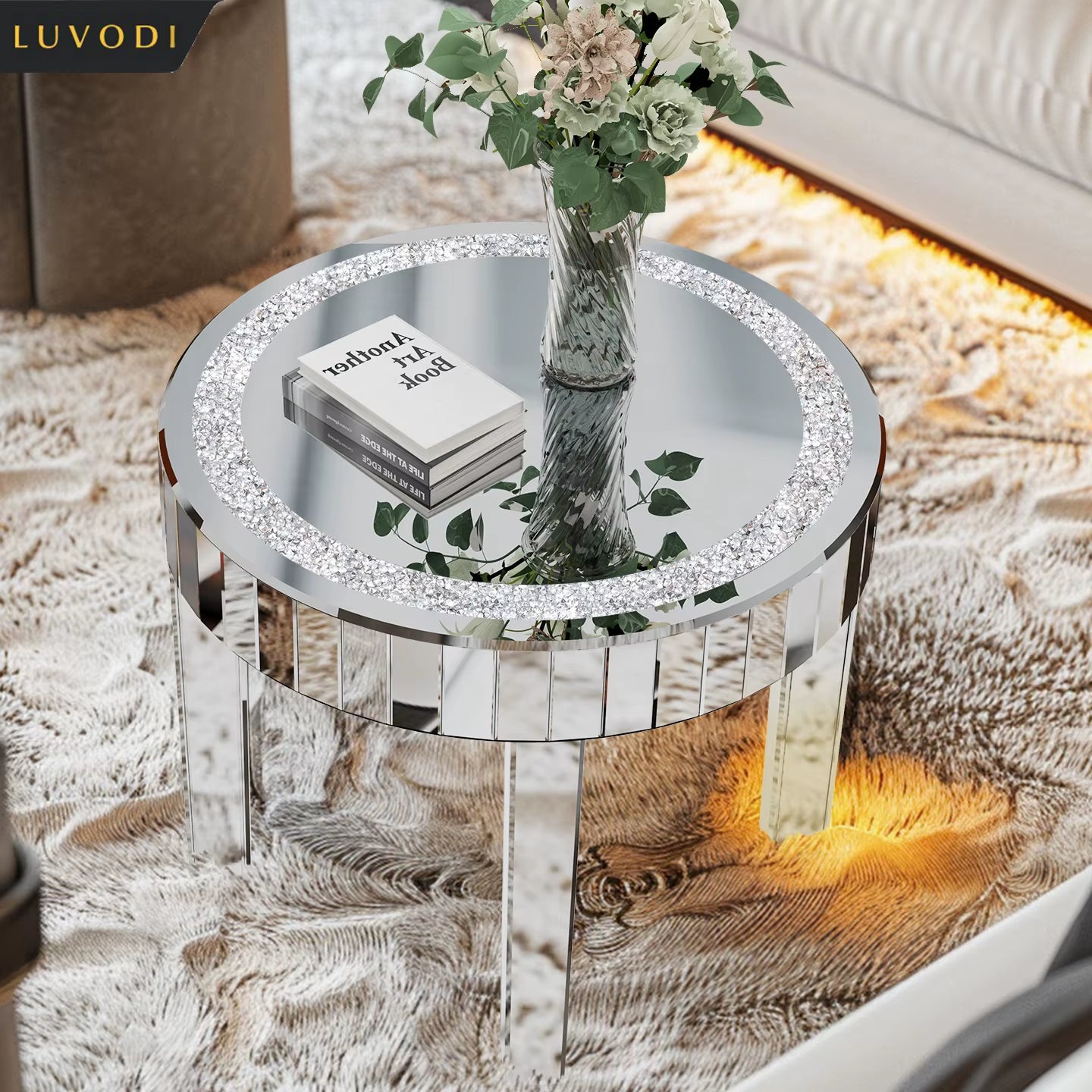 Luxury Modern round Mirrored Accent Side Table with Crystal Diamonds Inlay for Bedside Table
