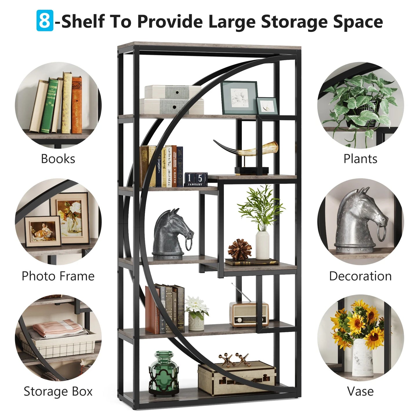 Industrial 5-Tier Etagere 70.8 Inch Tall Bookshelf with 8 Open Storage, Vintage Grey