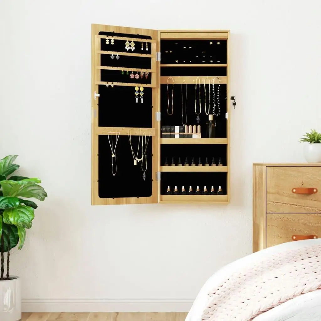 LED Illuminated Wall-Mounted Mirror Jewelry Cabinet Storage Organizer