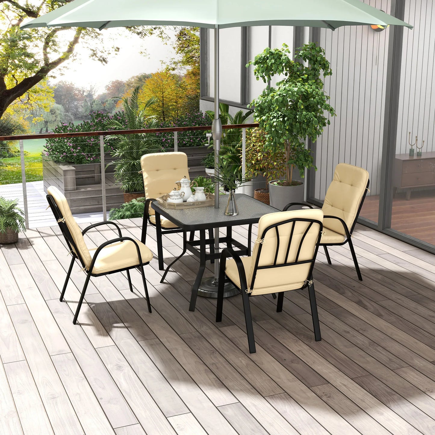 5-Piece Outdoor Garden Dining Set with Square Table and 4 Cushioned Armchairs