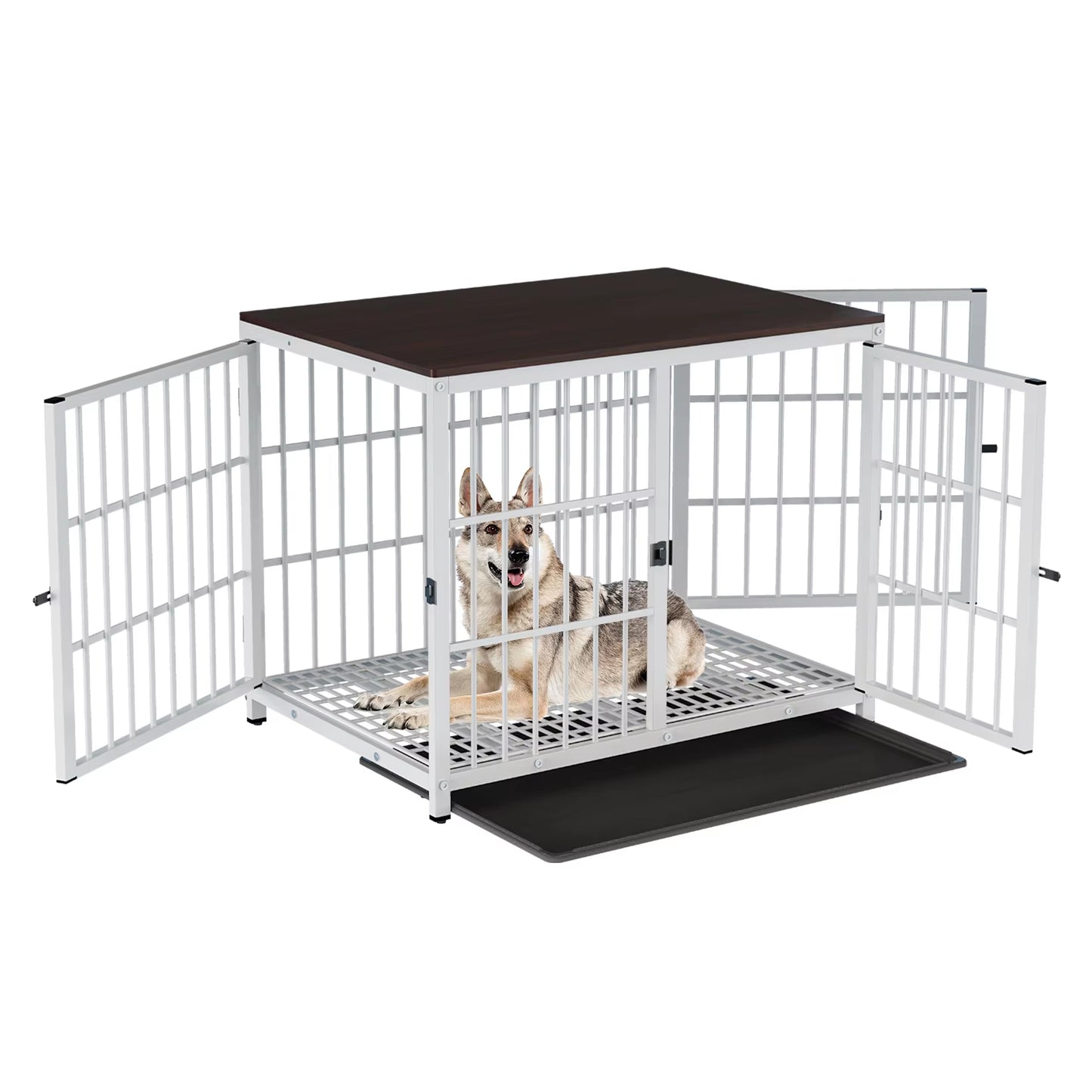 Stylish Heavy-Duty Metal & Wood Dog Kennel End Table with Three Doors and Removable Tray