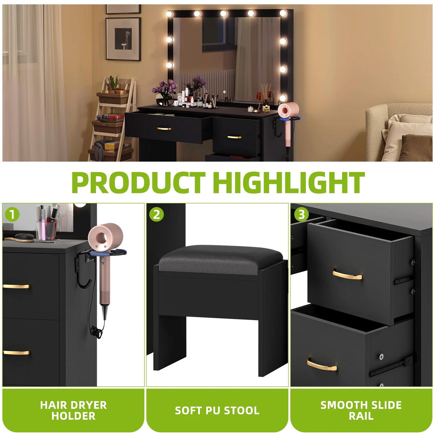 Black Dressing Table - LED Vanity Desk with Adjustable Mirror, 4 Drawers & Power Outlet, 90X40X136Cm