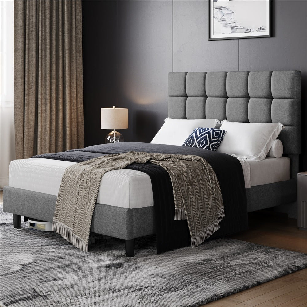Upholstered Bed Frame, Modern Platform Bed Frame with Strong Wooden Slats Support and Square Tufted Headboard Height Adjustable