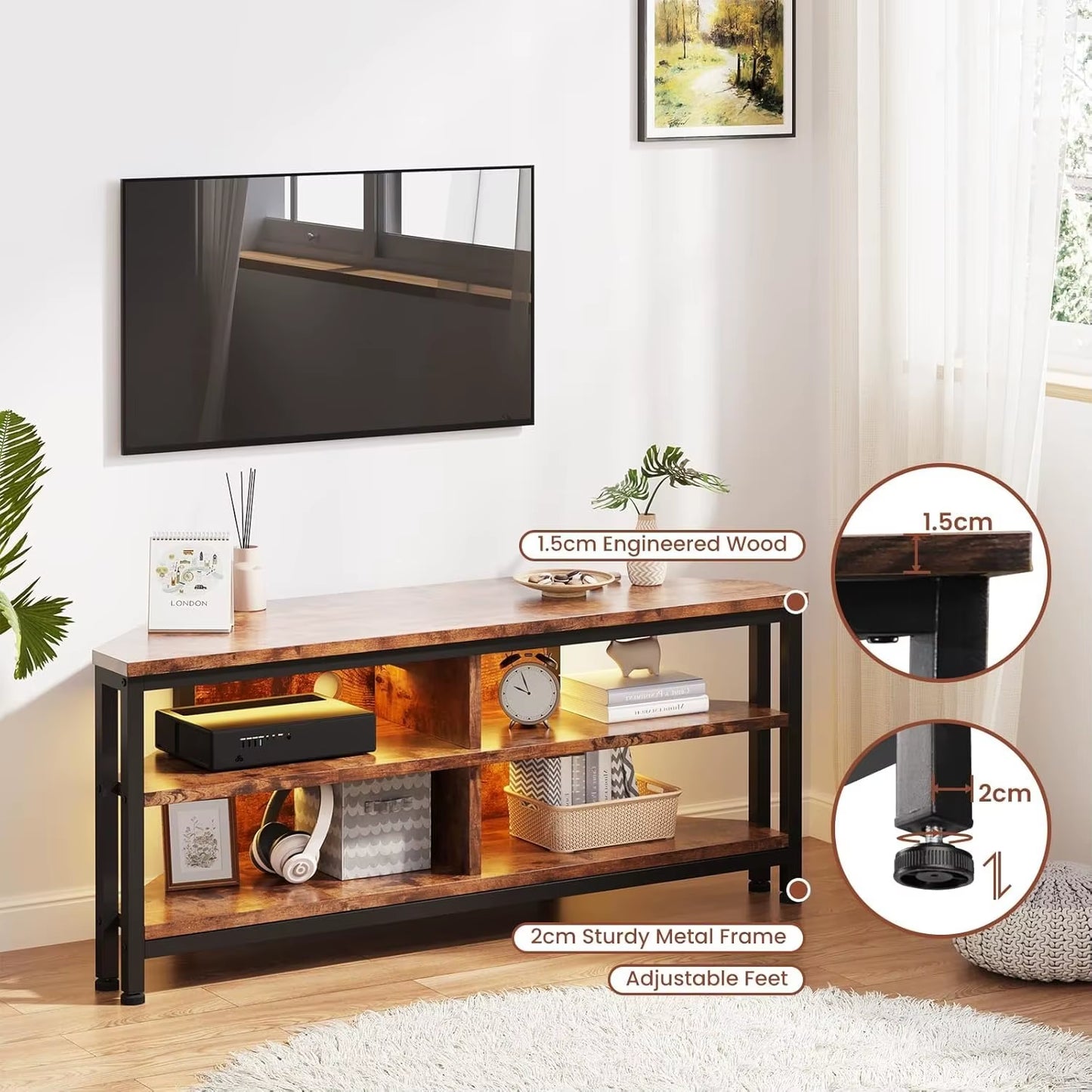 TV Stand Cabinet with LED Lighting, Corner Cabinet TV Unit for up to 50 Inch TV with Open Gaming Entertainment Center Shelves