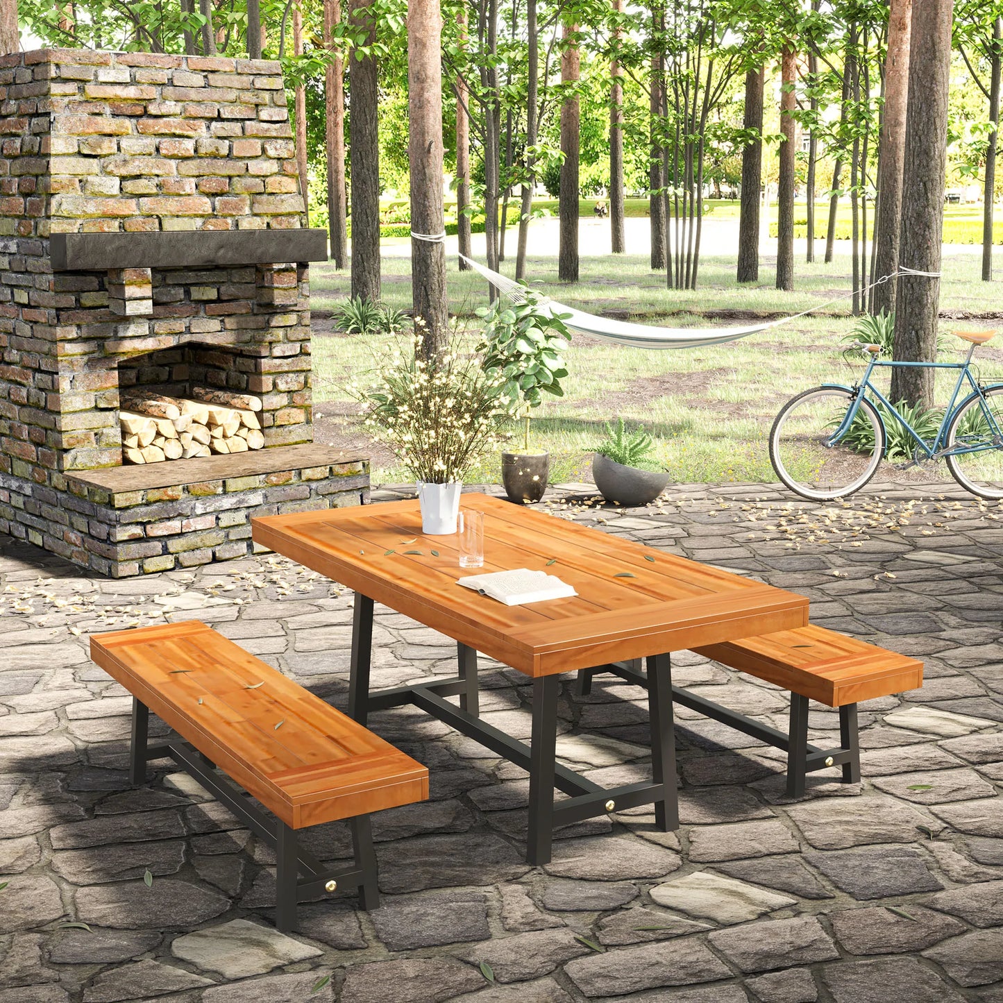 3-Piece Acacia Wood Picnic Table Set with 2 Benches for Indoor and Outdoor Dining