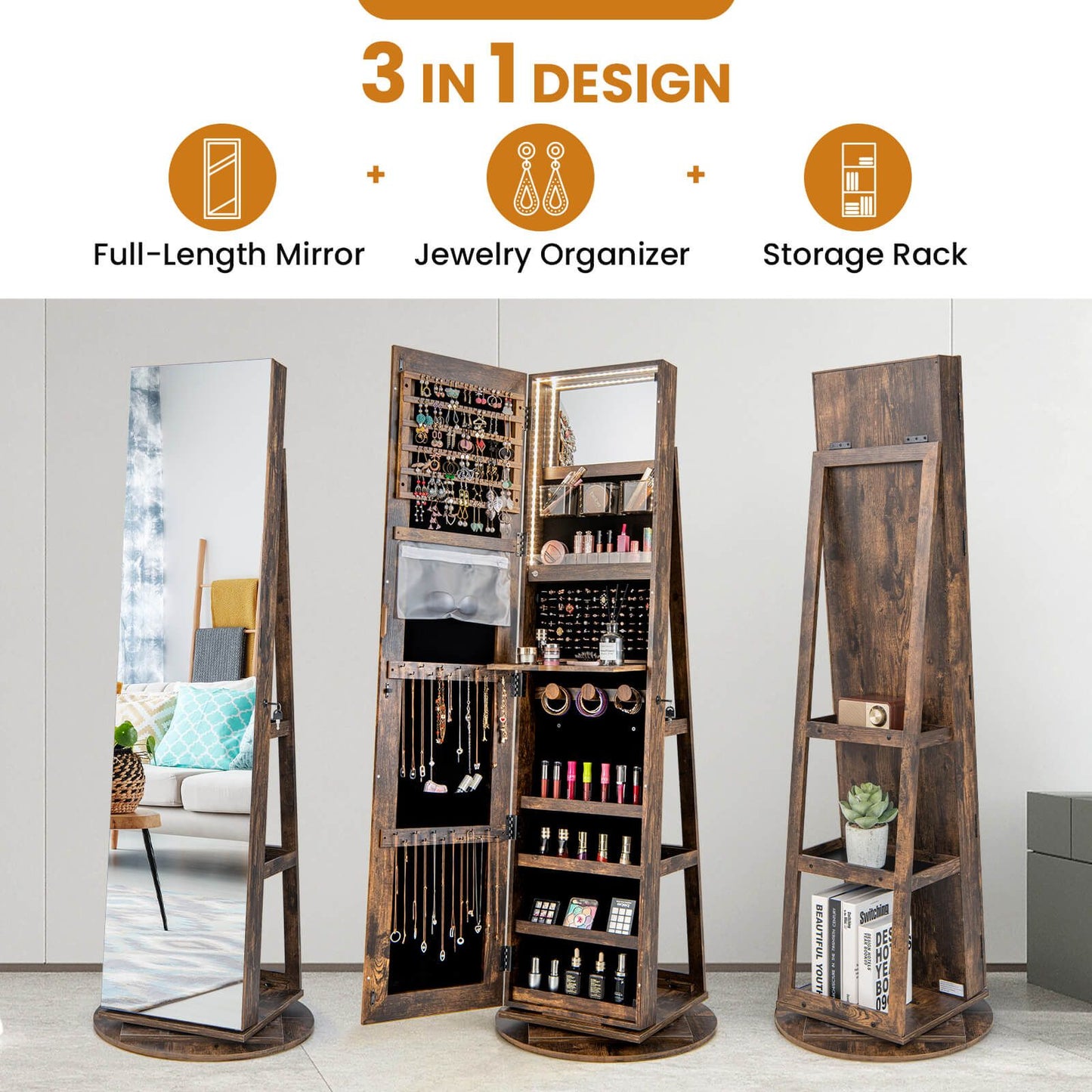 360-Degree Mirrored Jewelry Armoire with 3-Color Auto-On LED Lights
