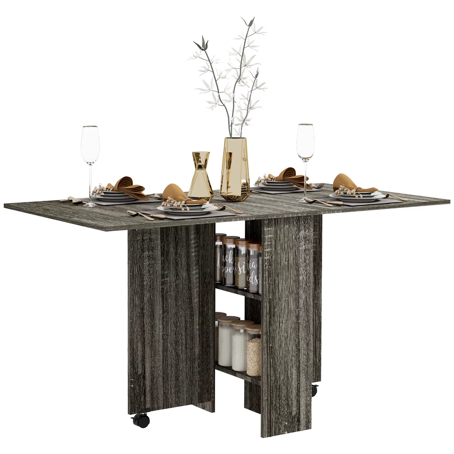 Mobile Drop Leaf Dining Table Folding Desk W/ 2 Wheels Dark Grey
