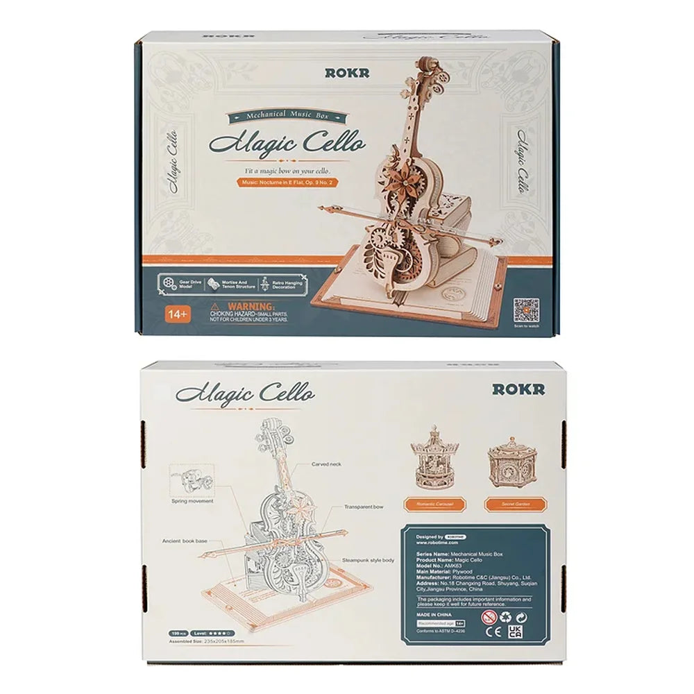 ROKR 3D Wooden Puzzle Magic Cello Mechanical Music Box - Fun & Creative Moveable Toy for Kids and Girls AMK63