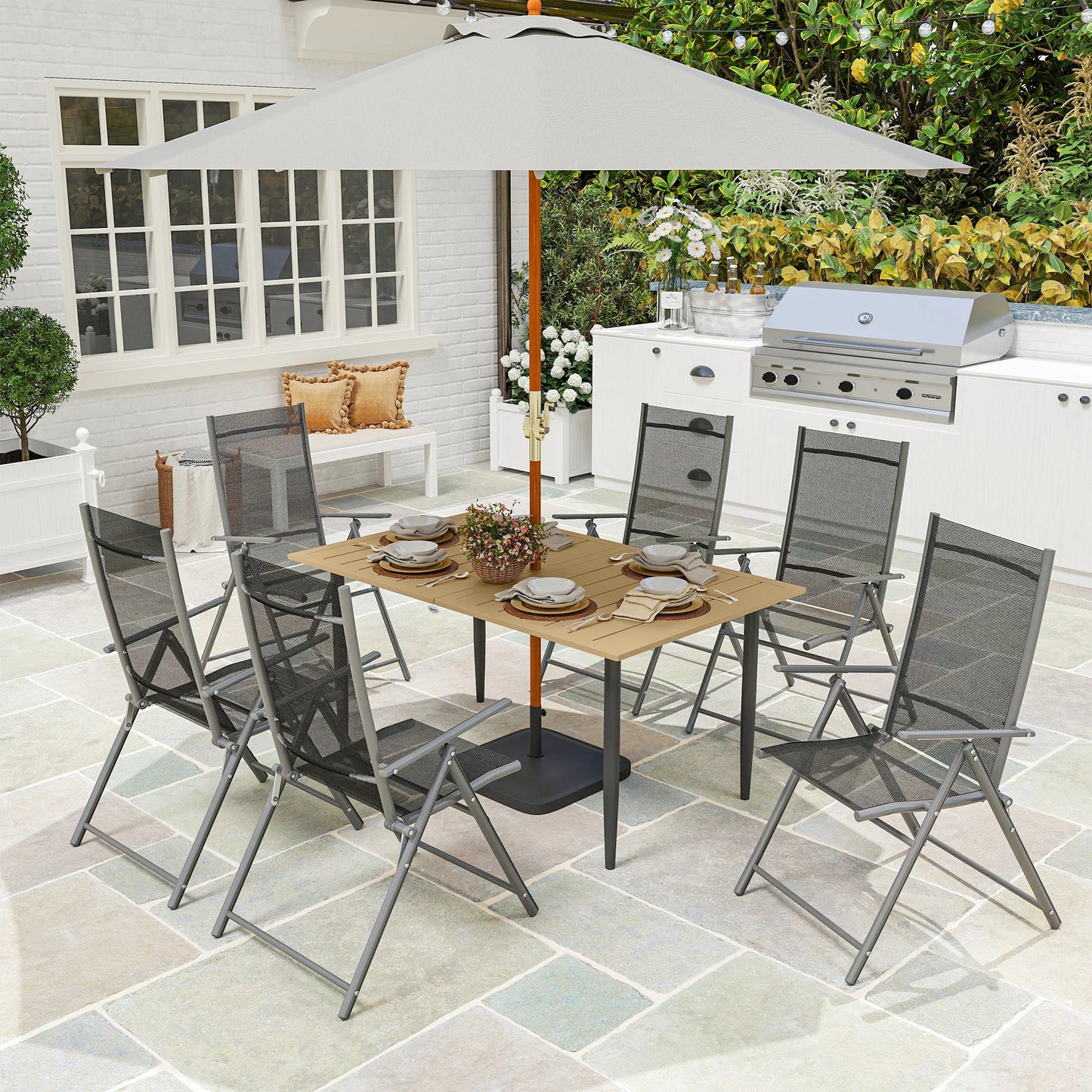 Stylish Brown Garden Dining Table for Six with Convenient Parasol Hole