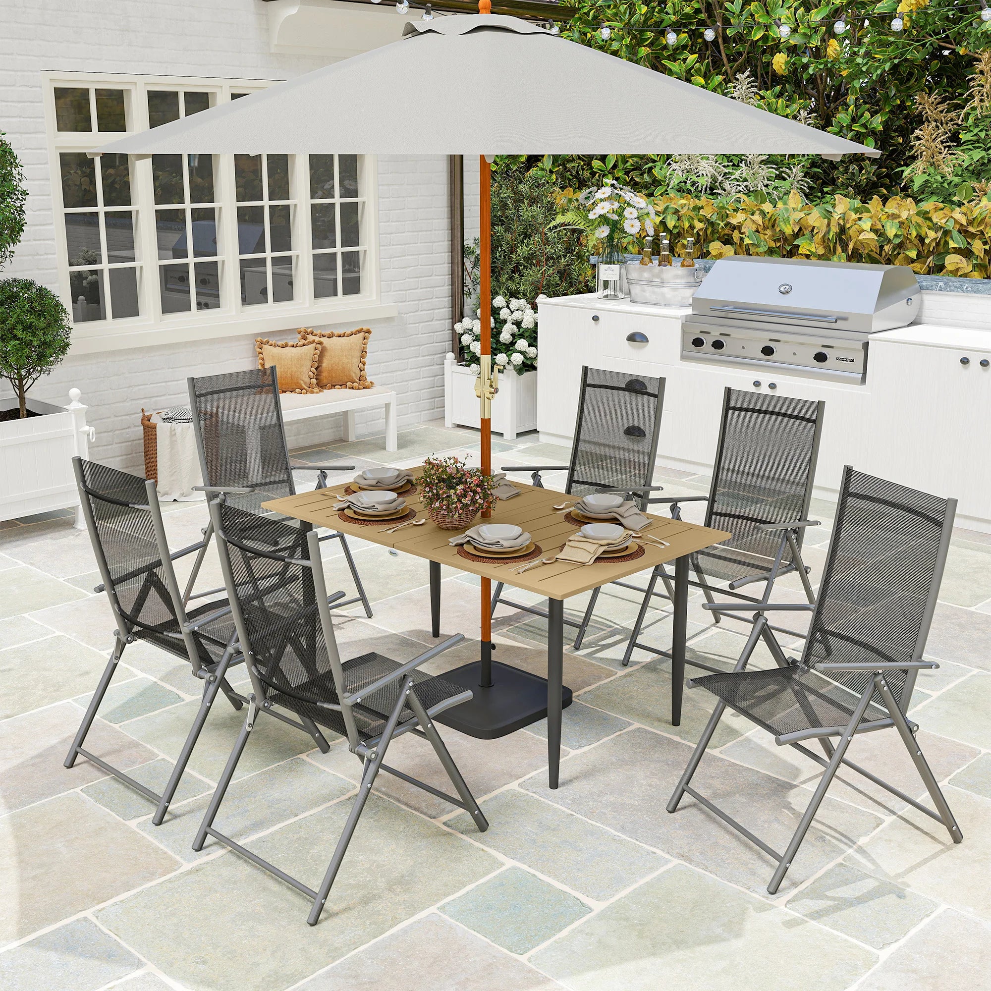 Stylish Brown Garden Dining Table for Six with Convenient Parasol Hole