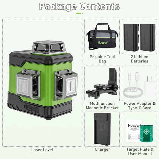 503CG 12 Lines 3D Cross Line Self-Leveling Laser Level 3 X 360 Green Beam Tool with 2Pcs Li-Ion Battery & Portable Bag