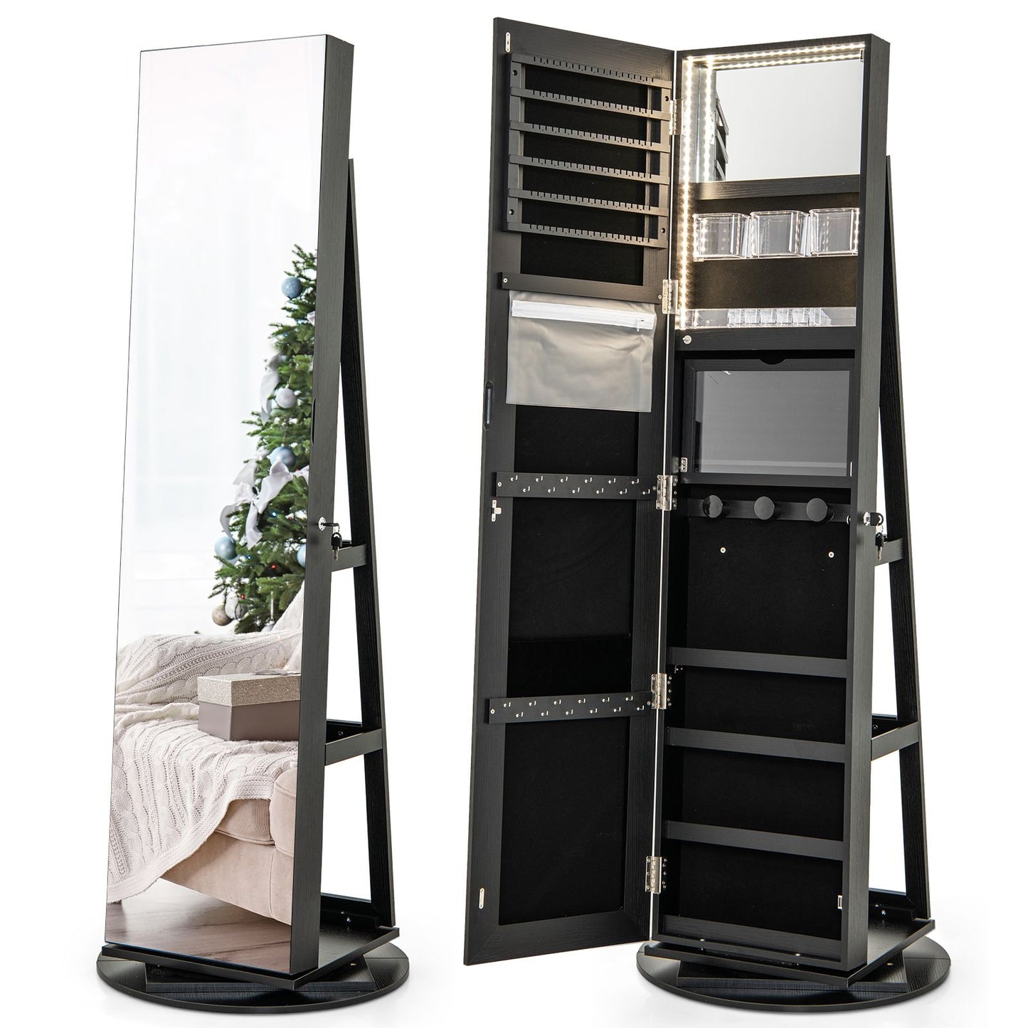 360-Degree Mirrored Jewelry Armoire with 3-Color Auto-On LED Lights