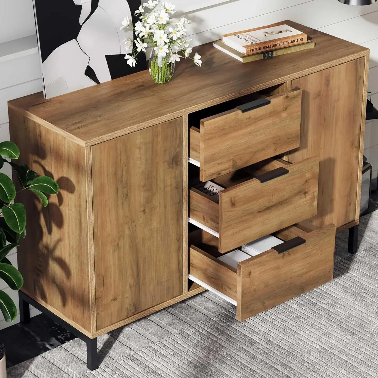 Sideboard Cabinet for Living Room Chest of Drawers with 2 Doors and 3 Drawers Adjustable Shel 40D X 120W X 76H Centimetres