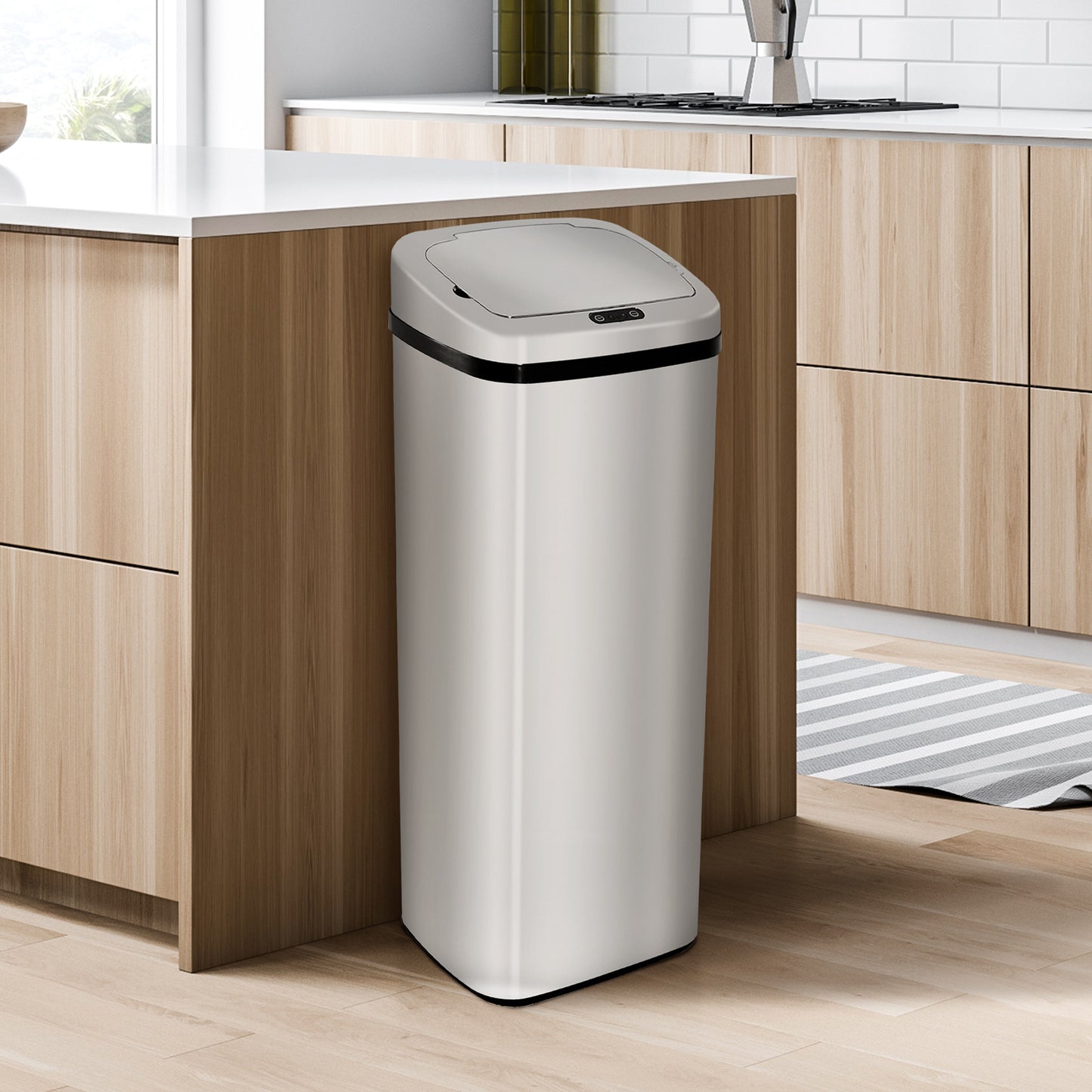50L Motion Sensor Trash Bin - ABS, Silver/Black, Touchless Lid