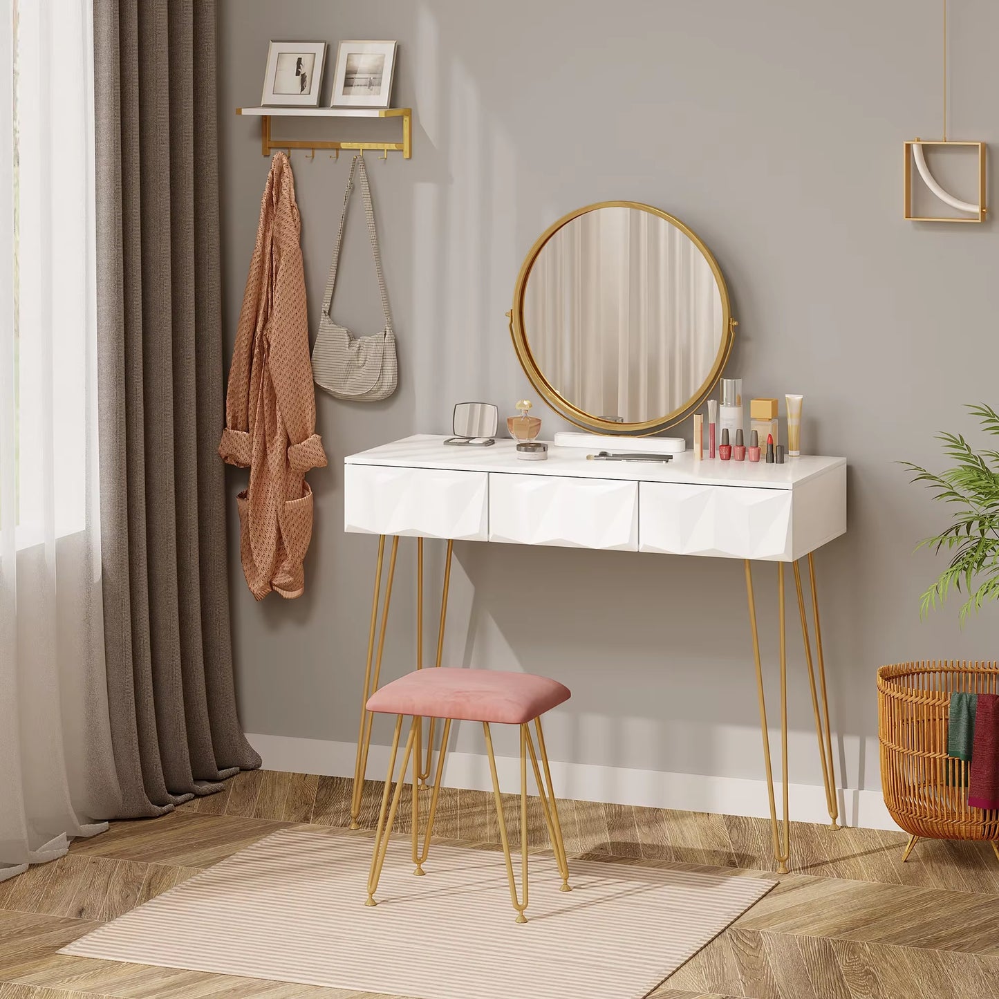 1SET White Gold Dressing Table with 360° Swivel Mirror 3D Effect Velvet Stool Cosmetic Makeup Dressers for Bedroom