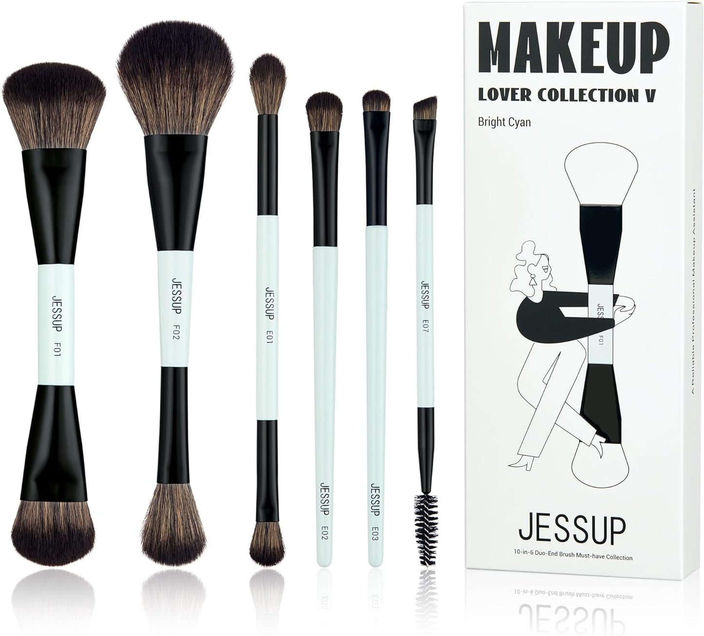 Vibrant Cyan 6-Piece Double-Sided Vegan Makeup Brush Set for Flawless Foundation, Contour, Blush, Highlight, and Eyeshadow Application