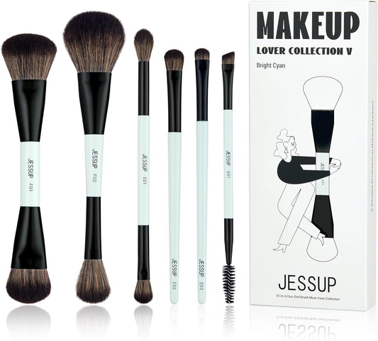 Vibrant Cyan 6-Piece Double-Sided Vegan Makeup Brush Set for Flawless Foundation, Contour, Blush, Highlight, and Eyeshadow Application