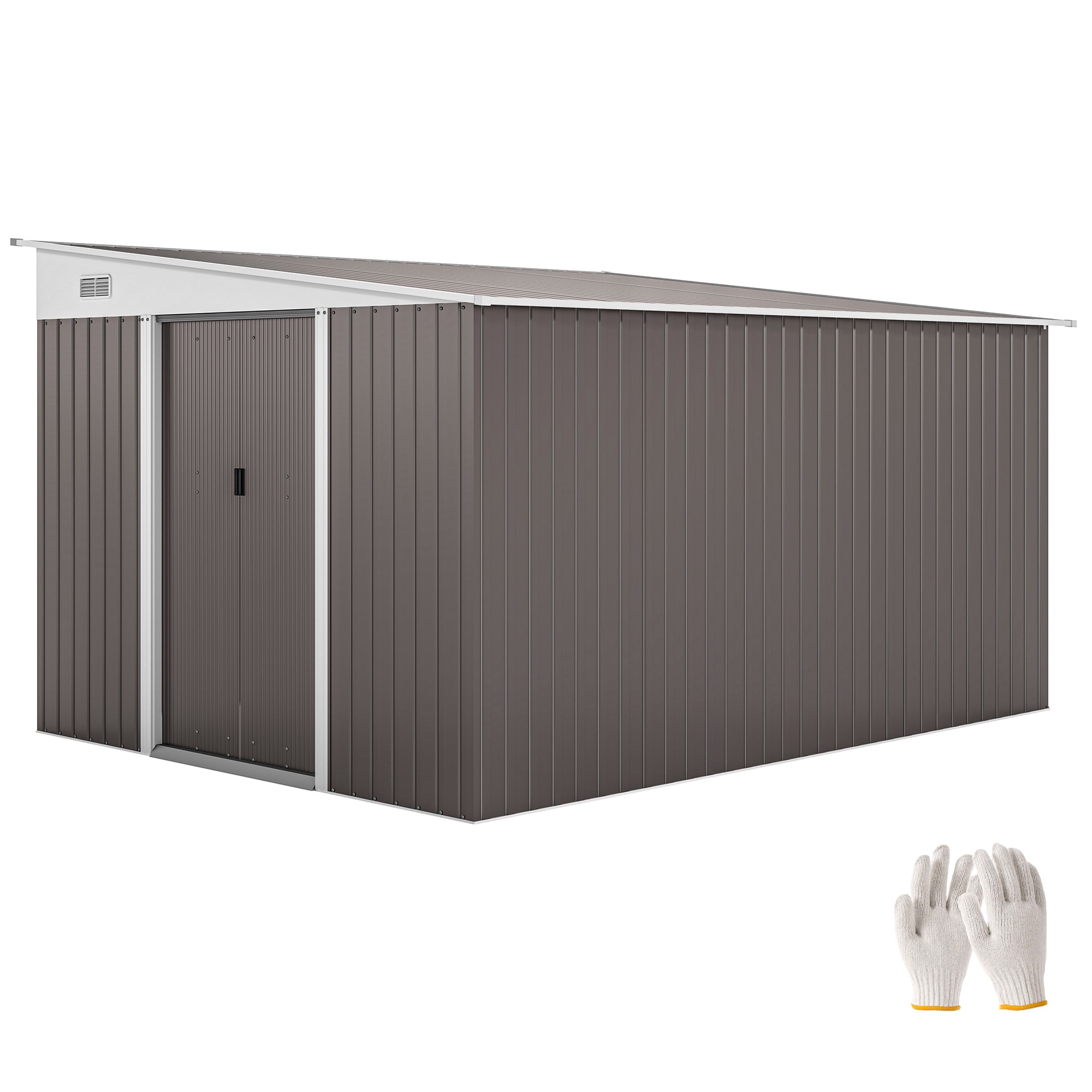 Outdoor 11.3x9.2ft Steel Garden Shed with Double Doors & Vents – Grey