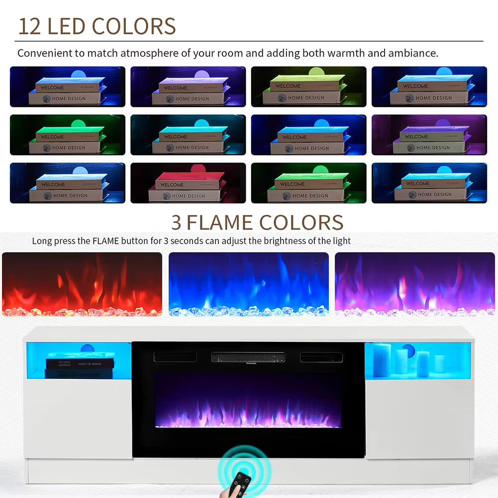 Modern Electric Fireplace TV Stand 178Cm White with Adjustable Flame, Remote and Storage