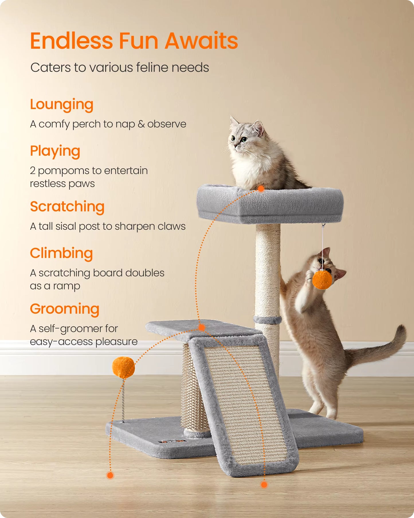 Multifunctional Cat Scratching Post with Integrated Bed, Rotatable Scratching Ramp, Perch, and Self-Groomer