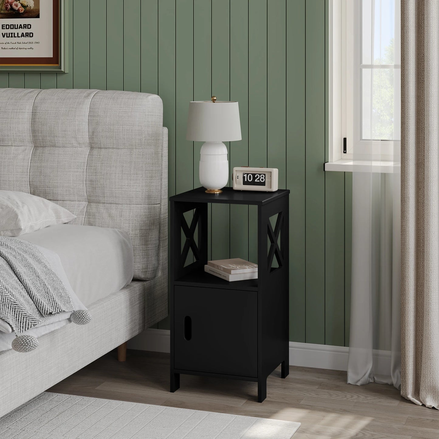 2PCS/SET Modern Nightstand 30X60X30Cm Narrow White Bedside Table with 1 Open Compartment Door Cabinet Storage for Bedroom