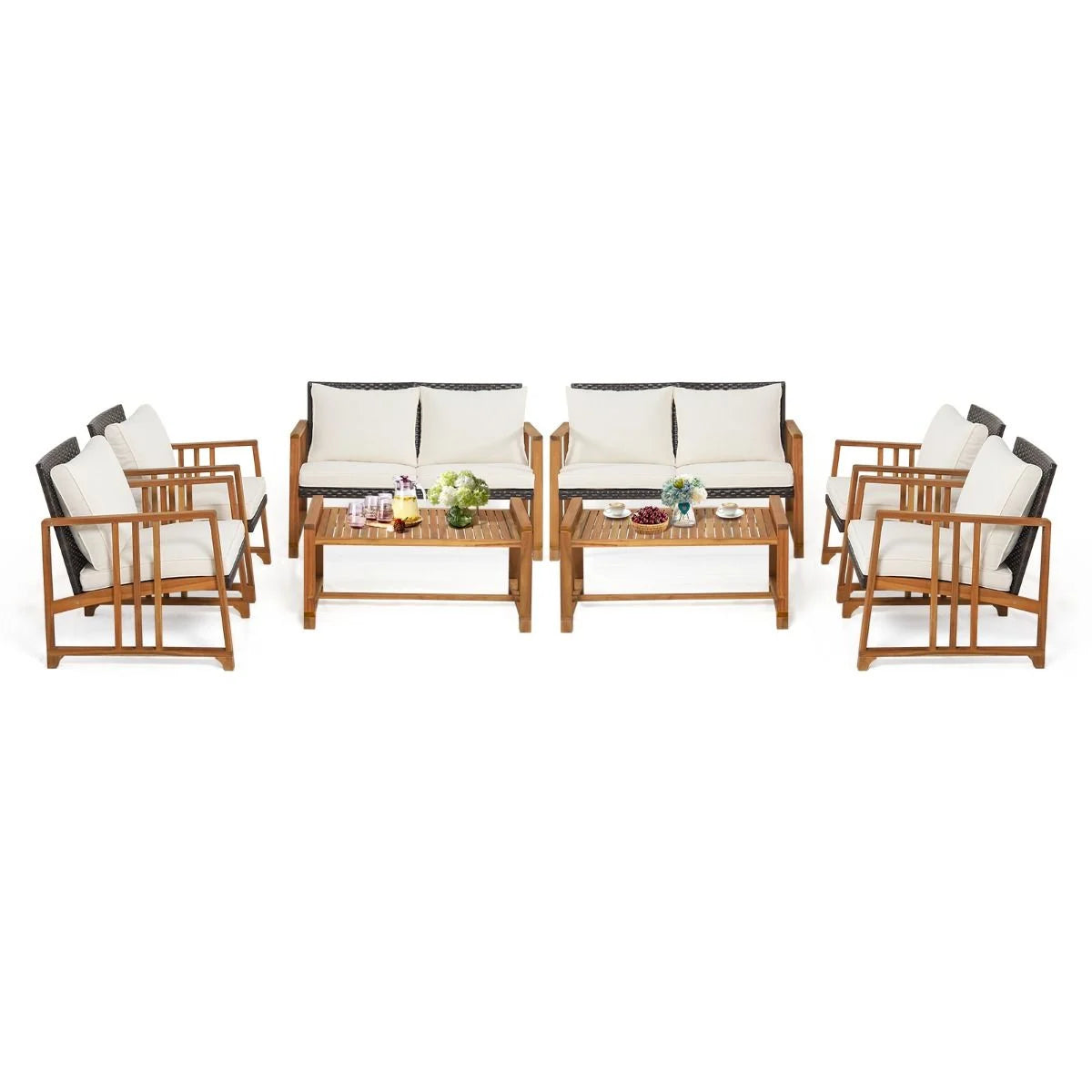 Outdoor Mix Brown Rattan Set with Acacia Wood Frame and Back Cushions