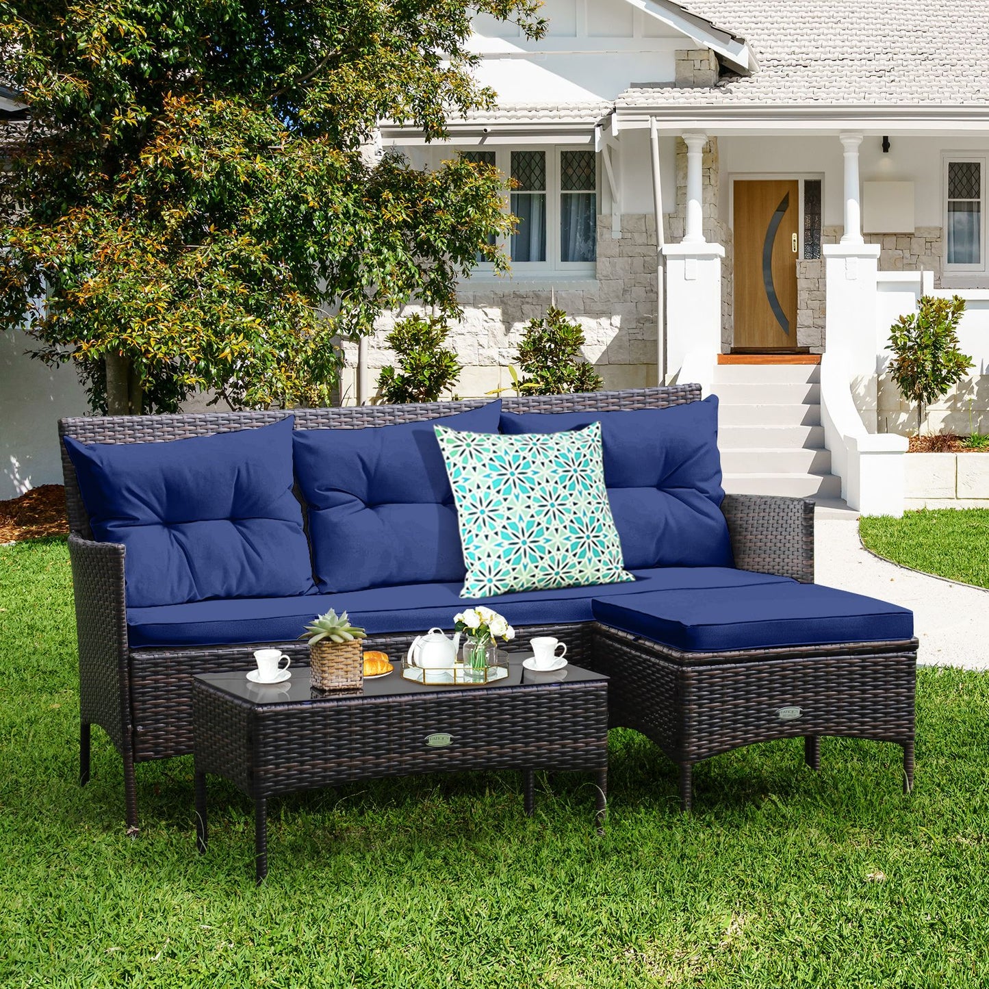 4 Seater Rattan Garden Furniture Set with Cushioned Sofa