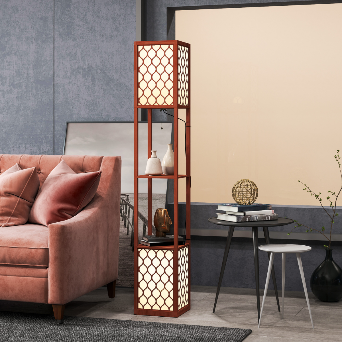 2-Light Modern Floor Lamp with Stylish Shelves - Elegant & Functional!
