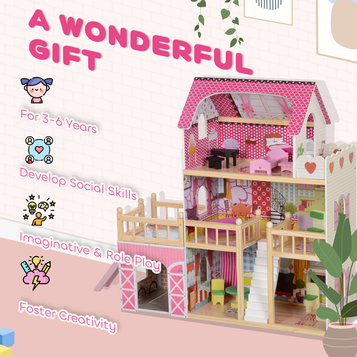 AIYAPLAY 3-Story Pink Dolls House with 13-Piece Wooden Furniture Set