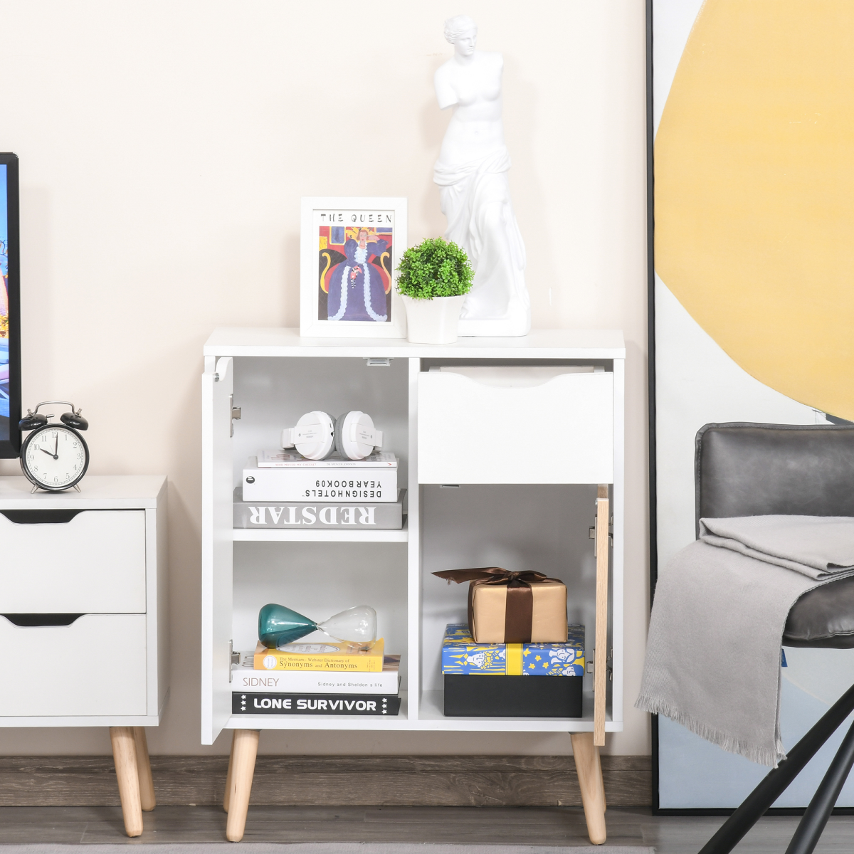 Scandinavian Floor Cabinet: Stylish Storage Cupboard with Drawer