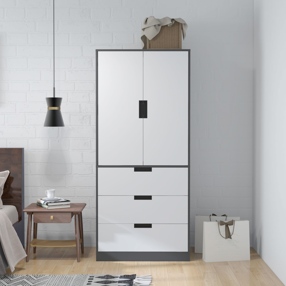 2-Door Wardrobe with 3 Drawers & Hanging Rod – Grey