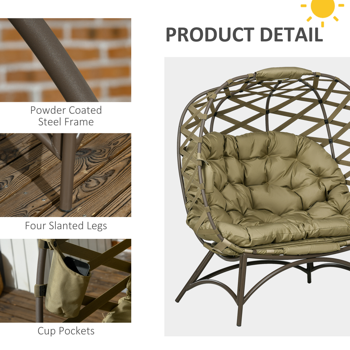 2-Seater Egg Chair with Cushions & Cup Pockets - Khaki