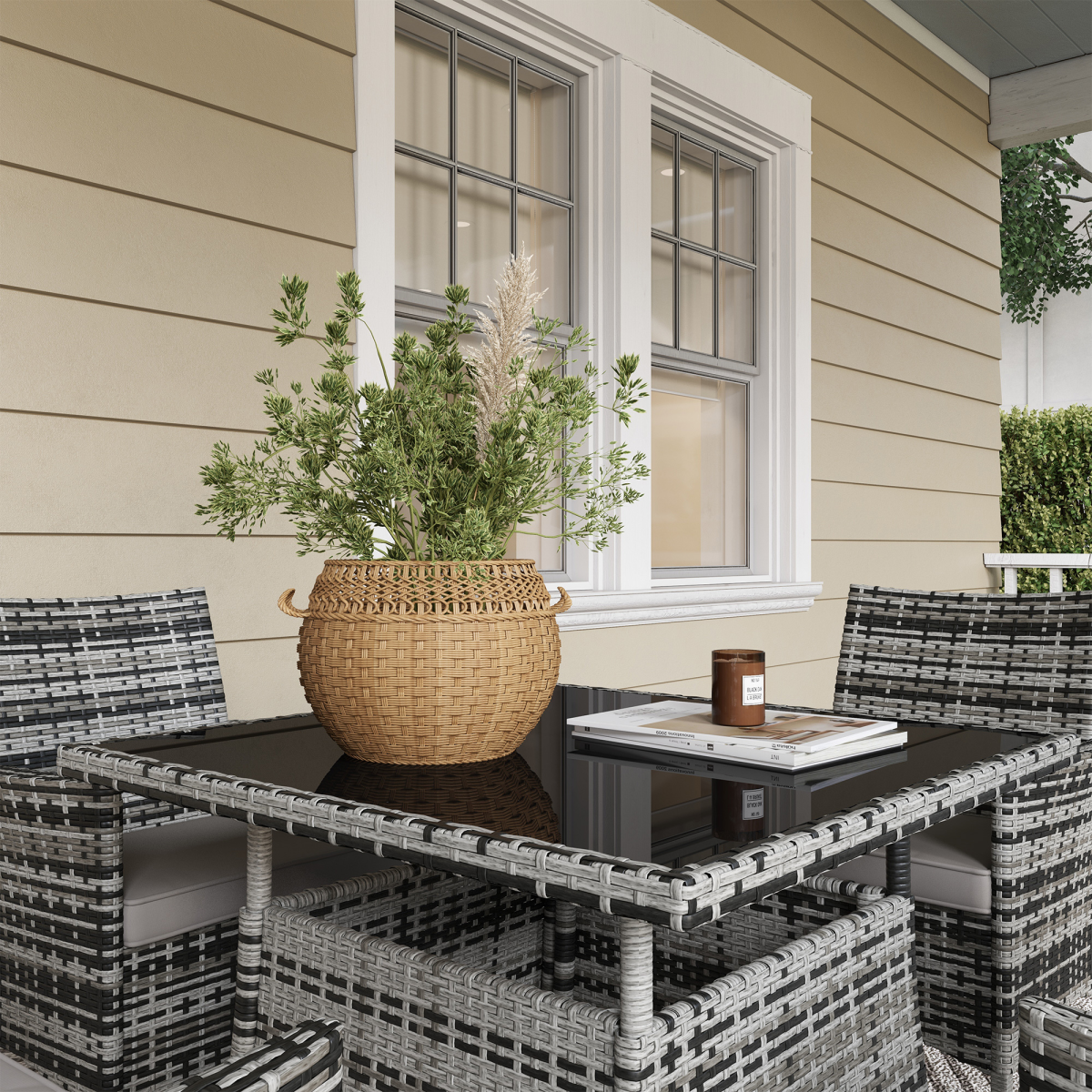 4-Piece Rattan Garden Set with Tempered Glass Table - Grey