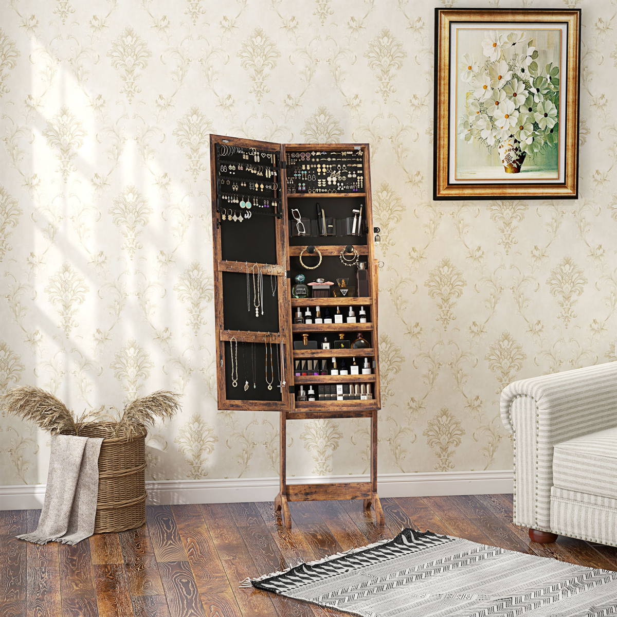 Illuminate Your Style: Rustic LED Full-Length Mirror Cabinet with Ample Storage