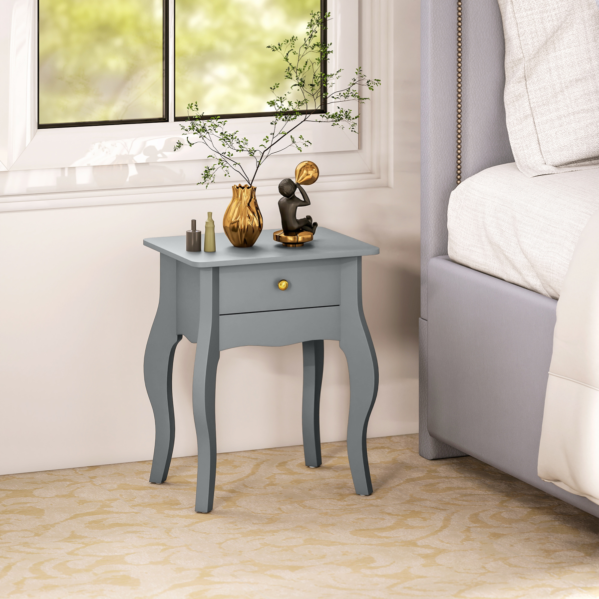 Chic French Style End Table with Drawer & Curved Legs - Grey Elegance