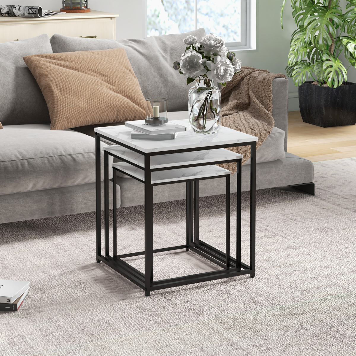 3-Piece Nesting Coffee Tables Set - White Marble Finish