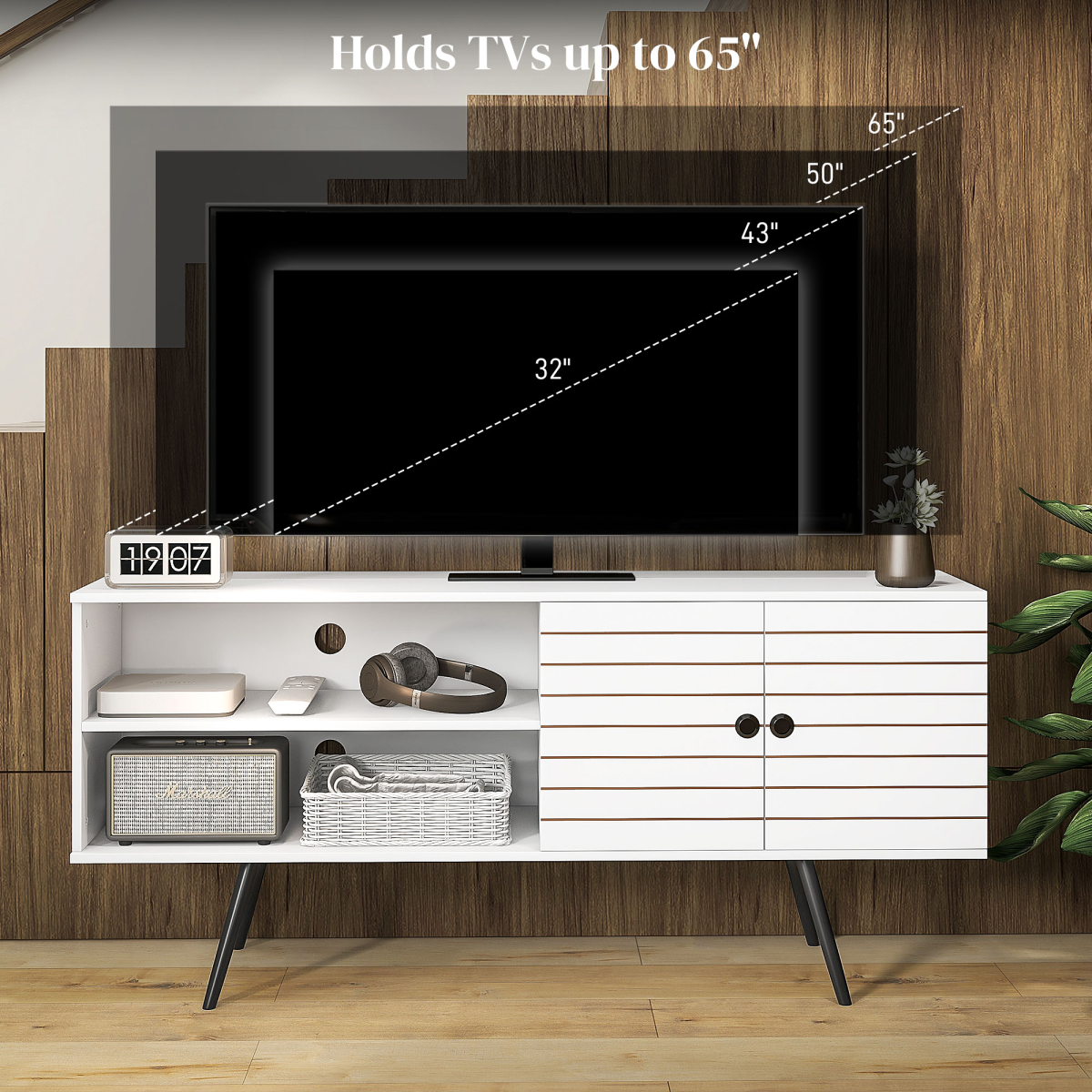 Modern 65" TV Stand with Open Shelves & Cable Management - White