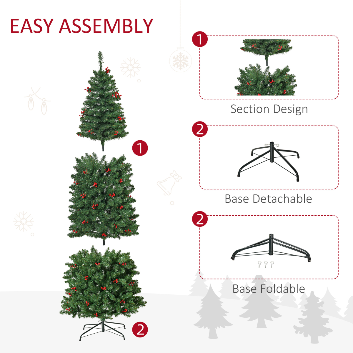 7ft Prelit Pencil Christmas Tree with Warm White LEDs, Green & Red Berry